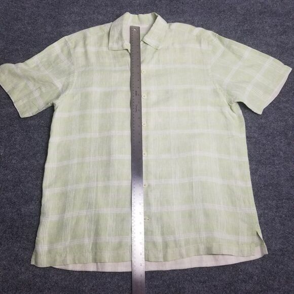 TOMMY BAHAMA Mens M Lime Green Plaid Linen Button-Up Shirt Short-Sleeve beach - Picture 5 of 7
